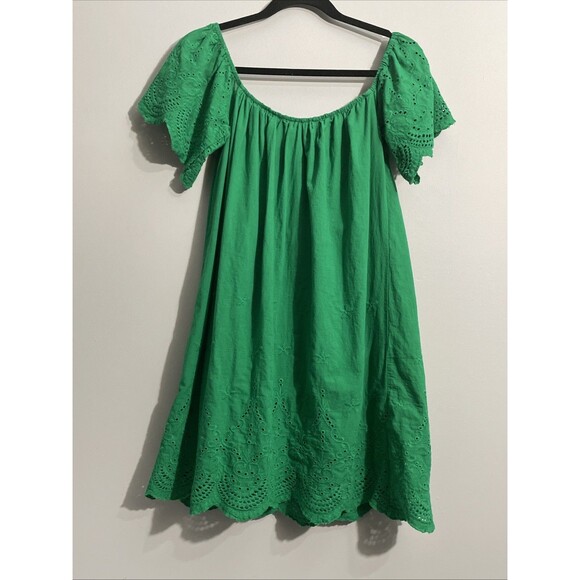 TECE Green Women’s Dress Embroidered Eyelet Scalloped Hem & Sleeves Bohemian L - Picture 2 of 14